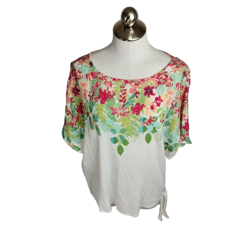 Chico's Parrot Paradise Side Tie Pullover Shirt Size 2 Large White Multicolor
